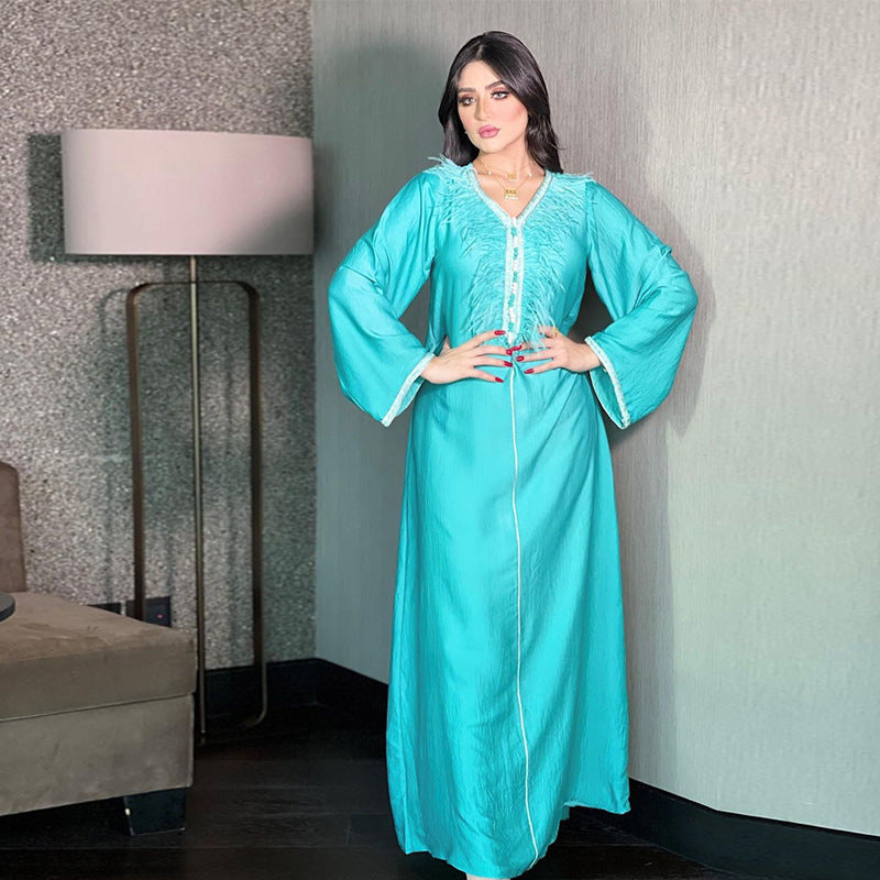 Dress Middle East Muslim Fashion Feather Patchwork Robe  