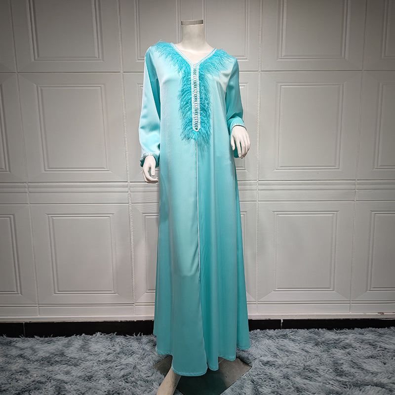 Dress Middle East Muslim Fashion Feather Patchwork Robe  
