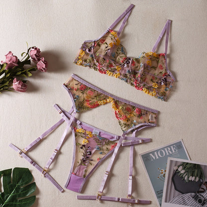 Ellolace Lingerie Sensual Lace Transparent Embroidery 3-Piece