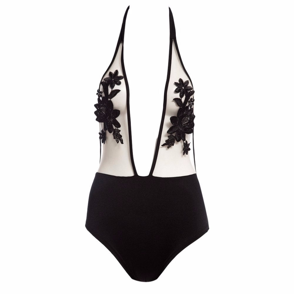 Embroidered Halter Sexy Lingerie Siamese Bikini  