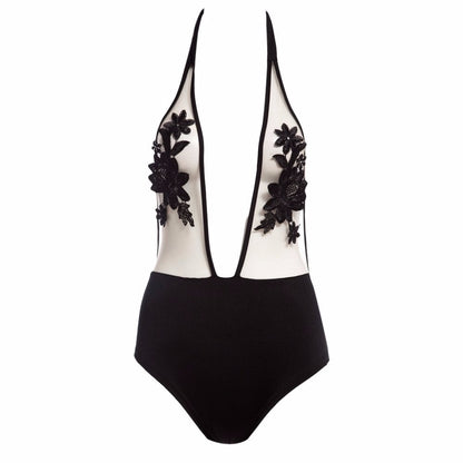 Embroidered Halter Sexy Lingerie Siamese Bikini  