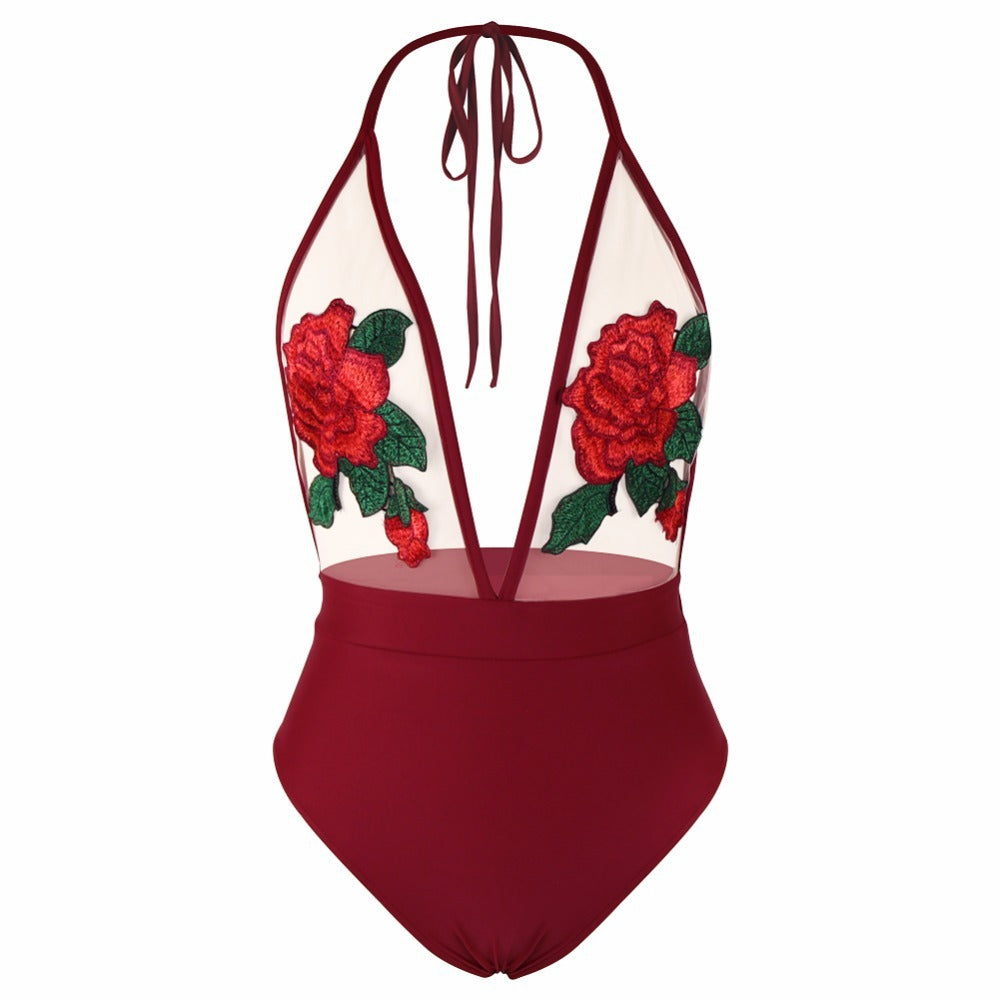 Embroidered Halter Sexy Lingerie Siamese Bikini  
