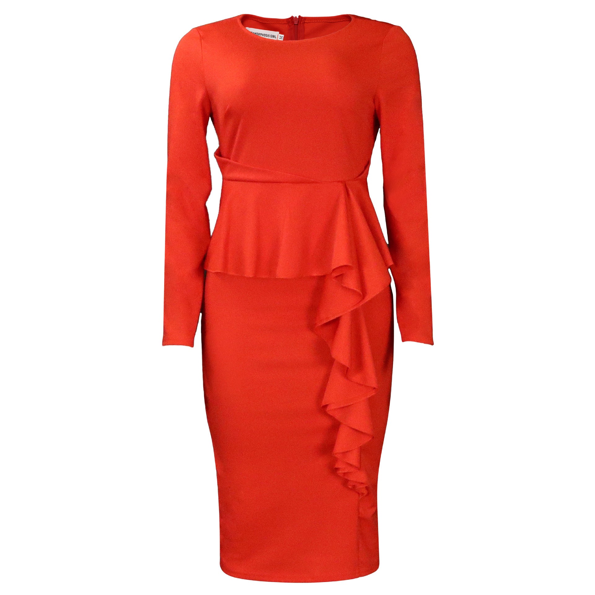 Red dress with peplum top and ruffled skirt on a white background