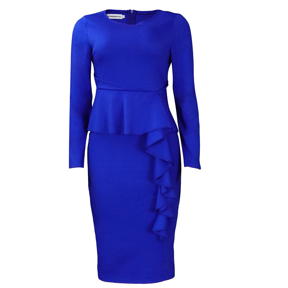 Blue dress with ruffled peplum on a white background