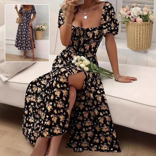 Floral Print Short Sleeve Split Dress Lace-up 