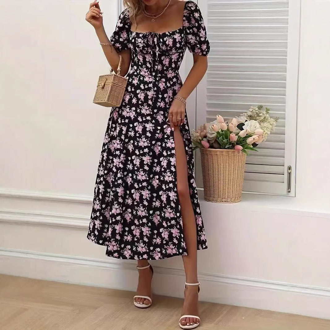 Floral Print Short Sleeve Split Dress Lace-up 