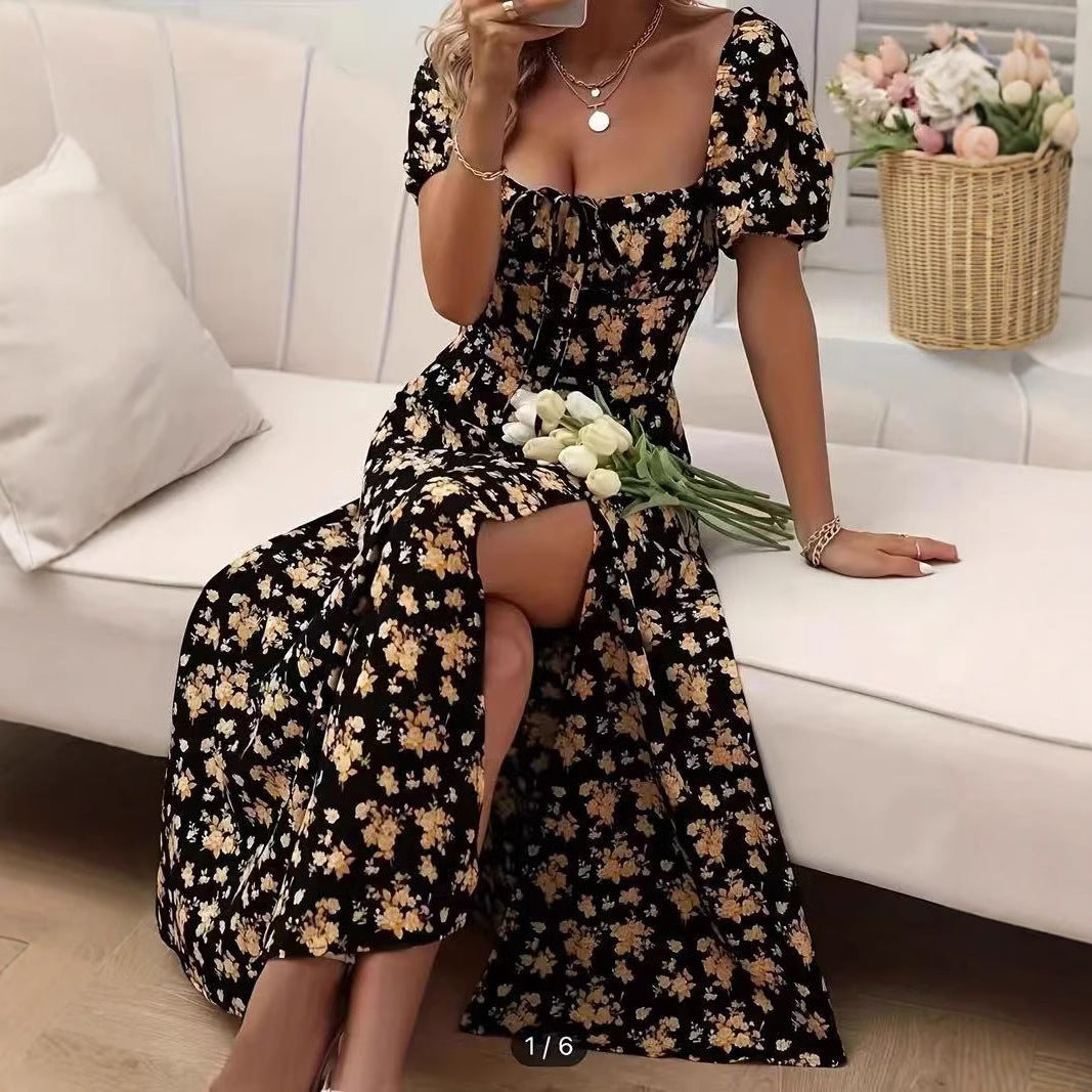 Floral Print Short Sleeve Split Dress Lace-up 