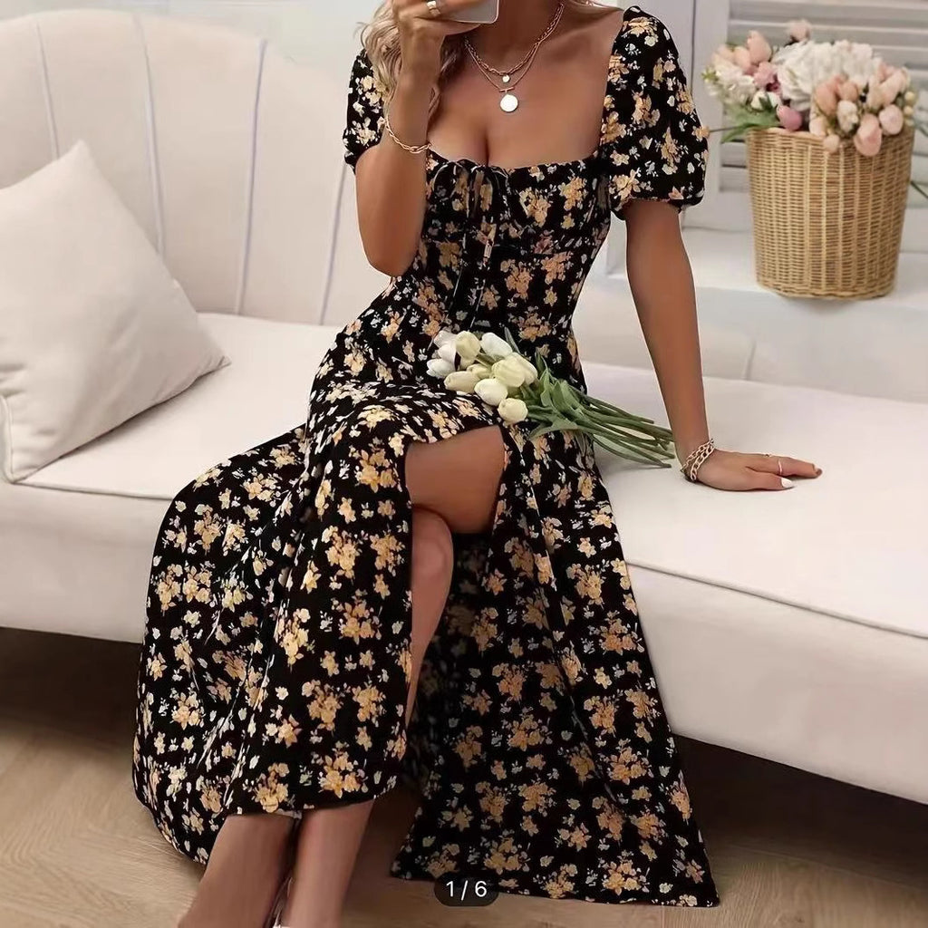Floral Print Short Sleeve Split Dress Lace-up 