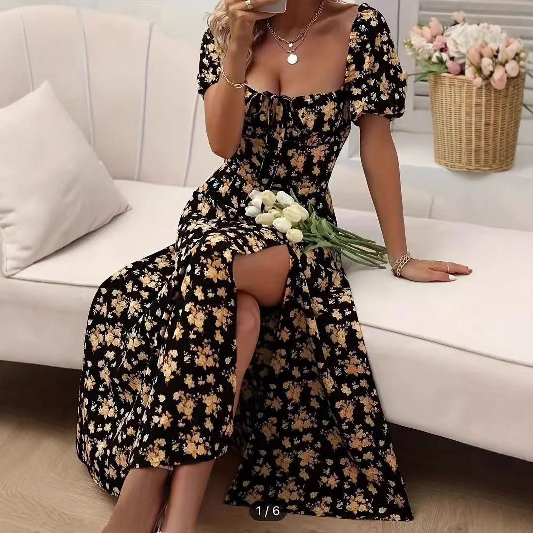 Floral Print Short Sleeve Split Dress Lace-up 