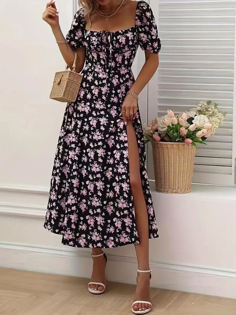 Floral Print Short Sleeve Split Dress Lace-up 
