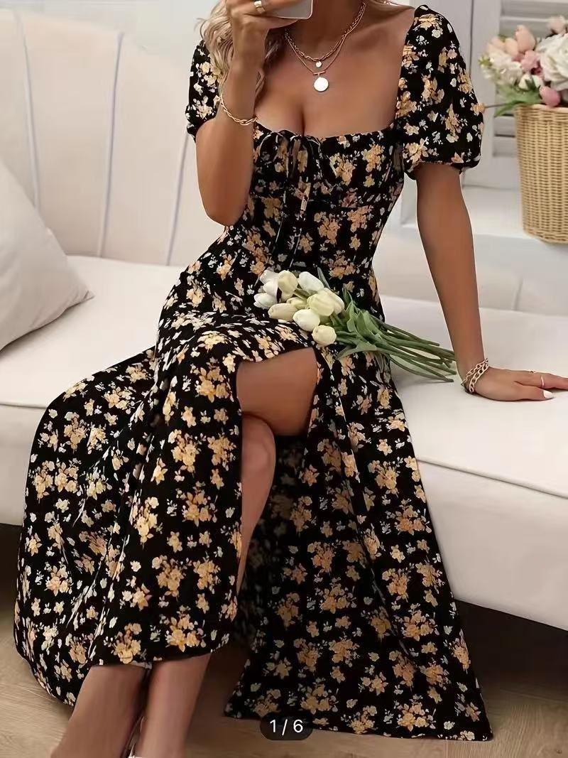 Floral Print Short Sleeve Split Dress Lace-up 