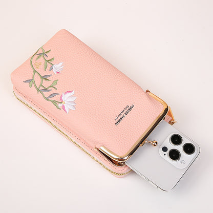 Flower Embroidery Phone Bag With Lock Buckle