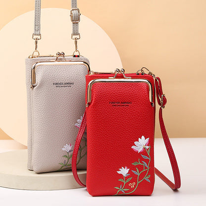 Flower Embroidery Phone Bag With Lock Buckle