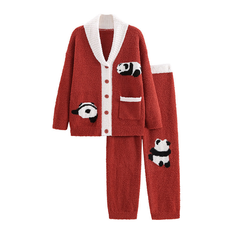 Red cardigan and pants set with panda designs on a white background