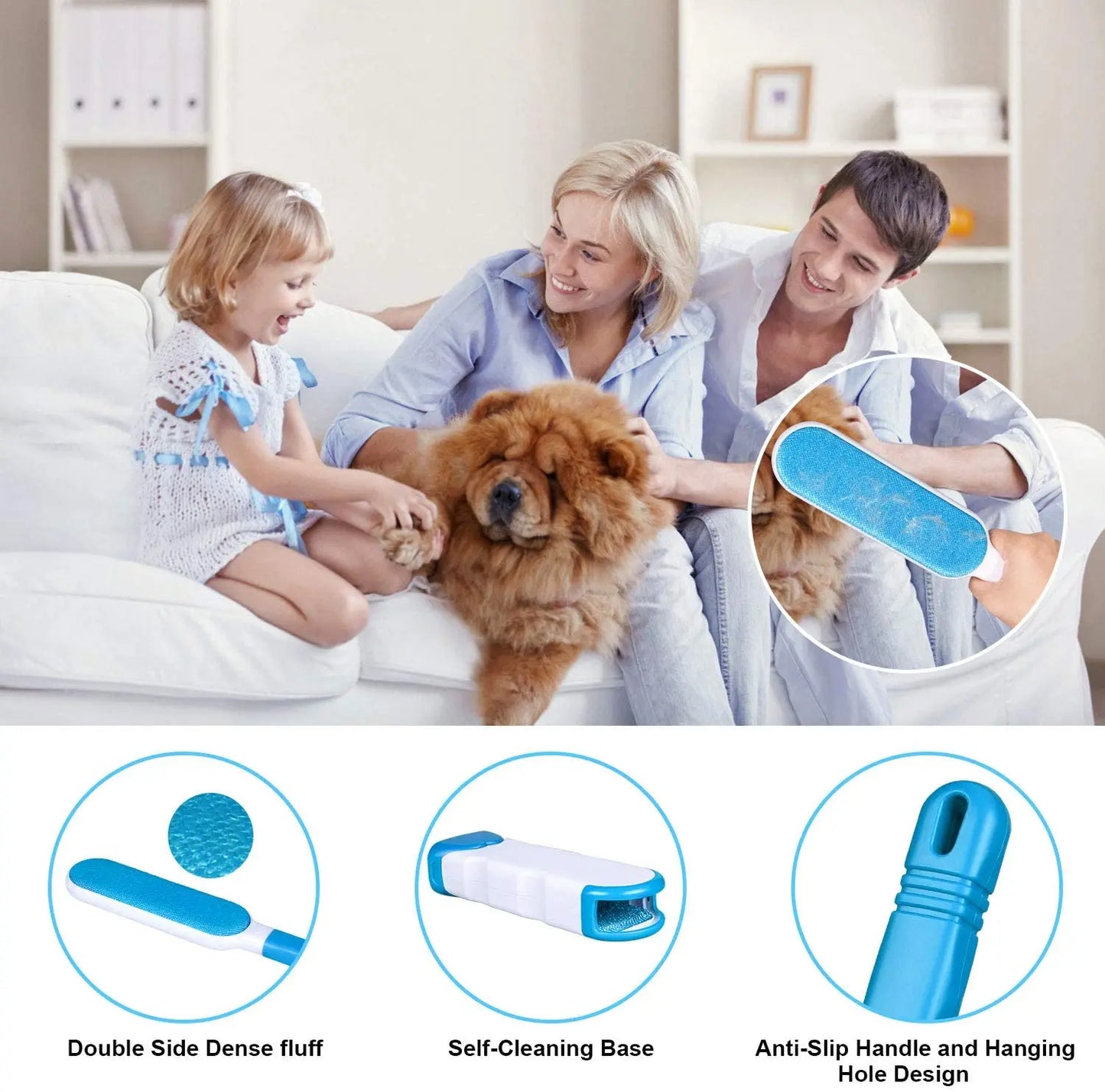 Pet Hair Remover Brush Dog Cat Hair Remover with Self-Cleaning Base Efficient Double Sided Animal Hair Removal Tool