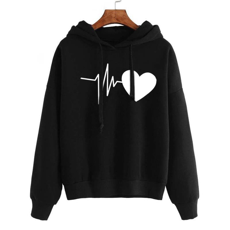 Black hoodie with a white heart and line design on a hanger against a white background