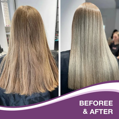 Before and after hair color transformation with a purple banner at the bottom.