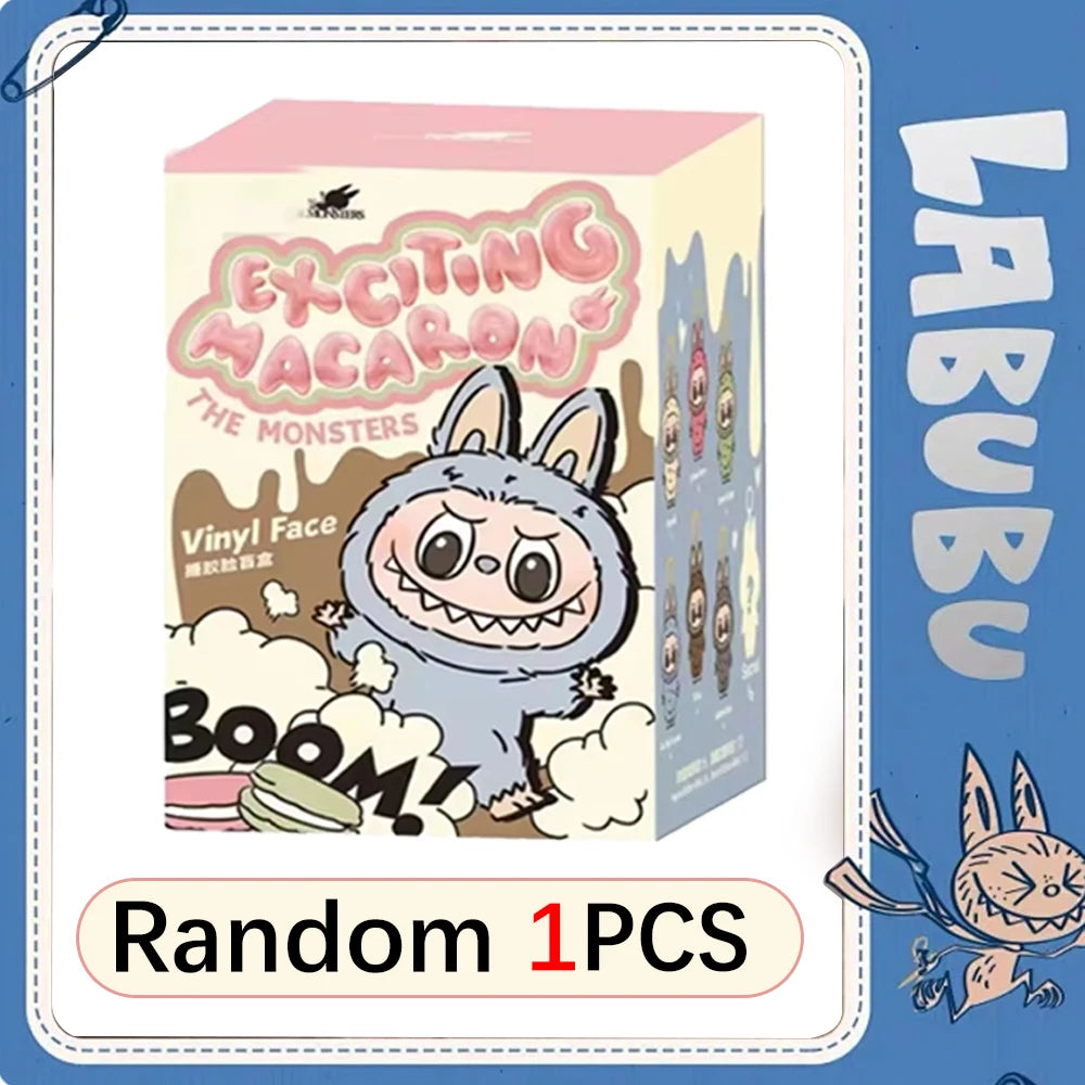 Box of 'Exciting Macaron The Monsters' vinyl faces with cartoon character on a blue background, featuring the brand 'LABUBU'.