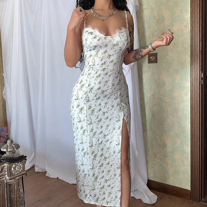 Lace Flowers Print Long Dress Slit Suspender