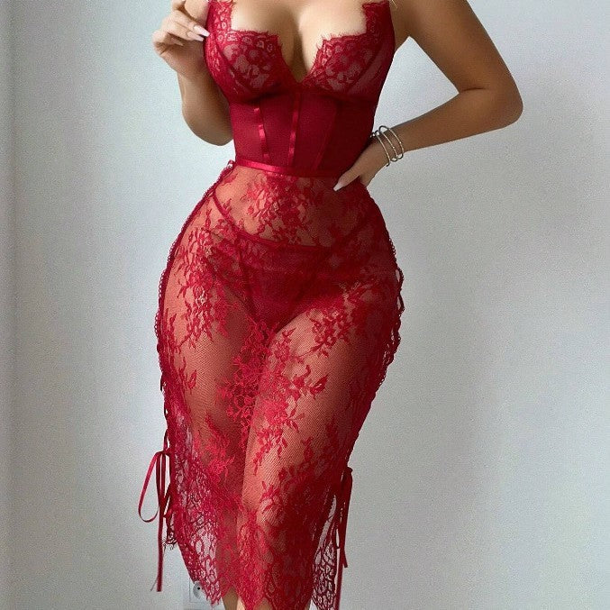Lace Hollow Red  Sheath Sexy Lingerie Dress
