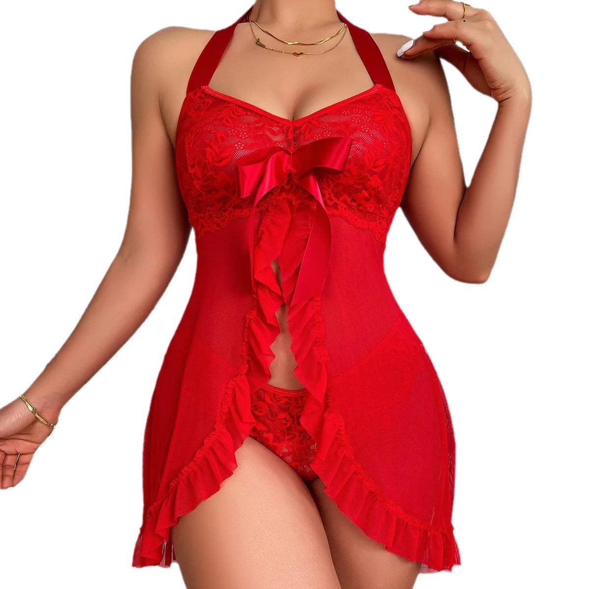 Lace Mesh See-through Halter Nightdress Lingerie