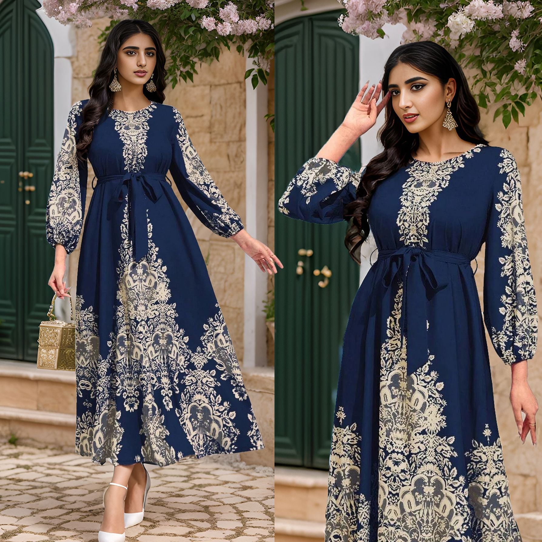 Middle East Arab Muslim Printed Belt Dress  