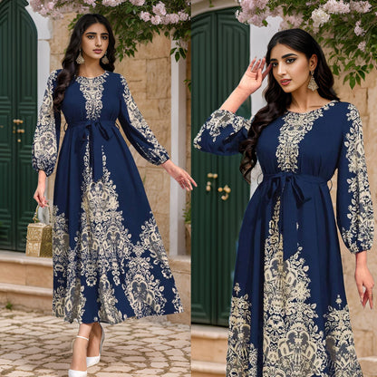 Middle East Arab Muslim Printed Belt Dress  