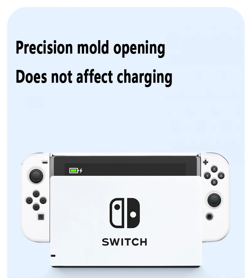 Nintendo Switch console with text about precision mold opening not affecting charging on a light blue background