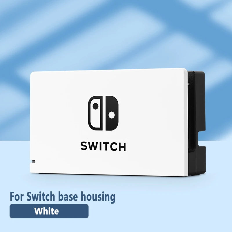 White gaming console base housing with Switch logo on a blue background