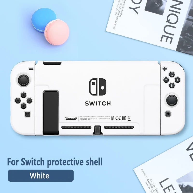 White Nintendo Switch protective shell on a blue background with text indicating 'For Switch protective shell White'.