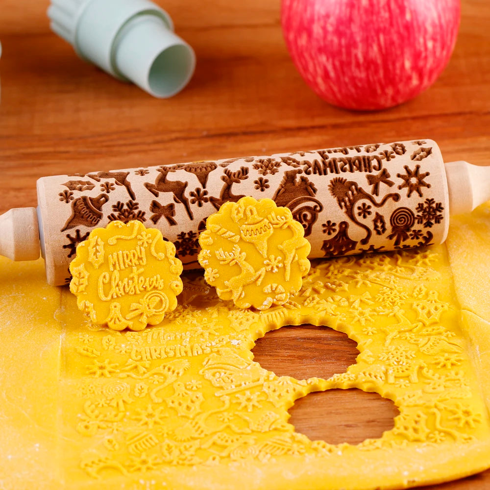 Wooden Christmas Embossed Rolling Pin For Pastry Baking | Yazijico™ 