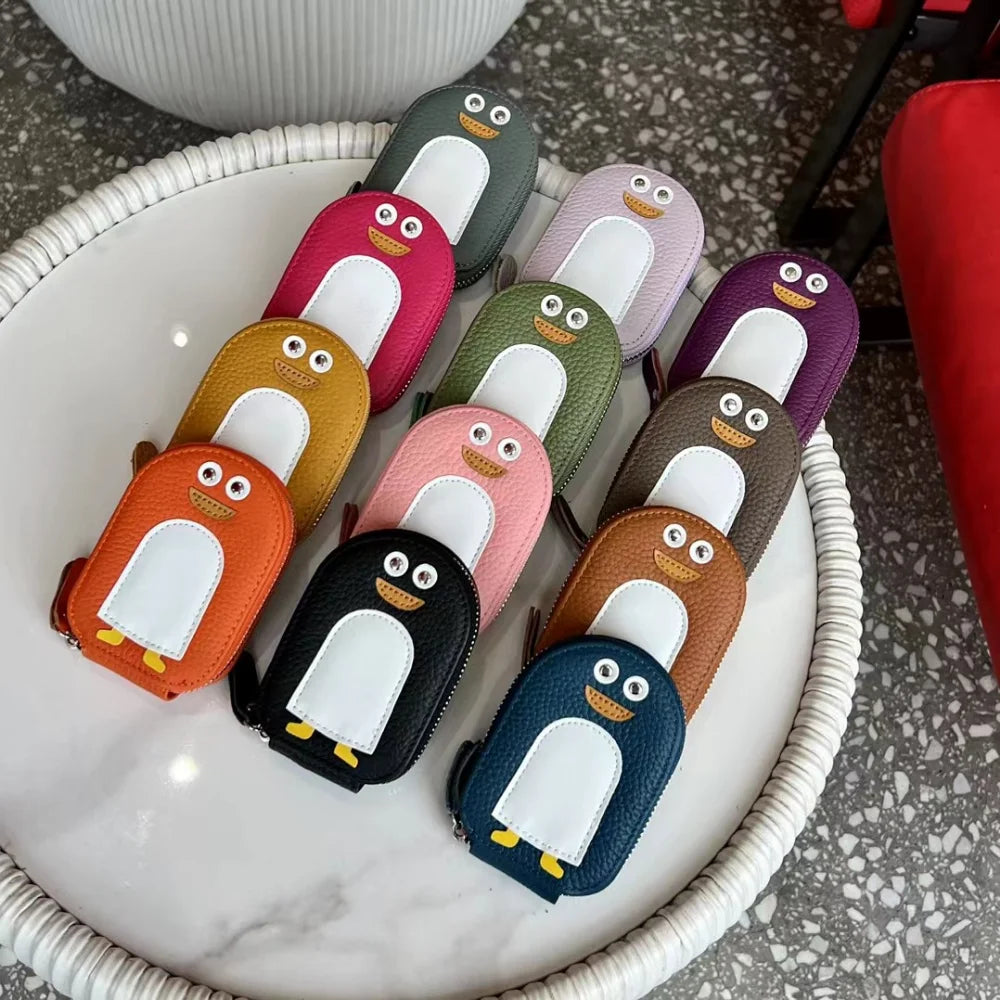 Cowhide Small Penguin Shape Card Holder Coin Purse Cartoon Cute Genuine Cow Leather Zipper Purses Mini Wallet