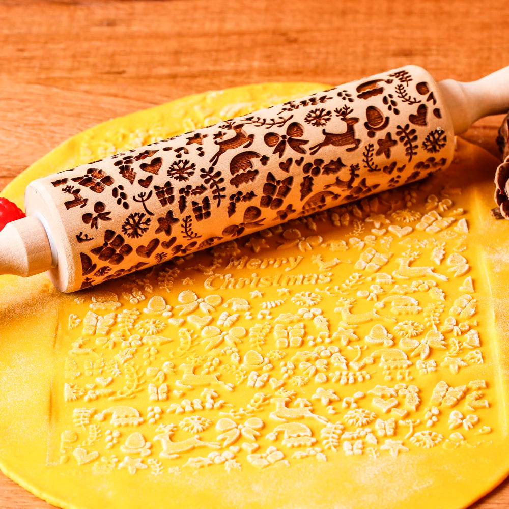 Wooden Christmas Embossed Rolling Pin For Pastry Baking | Yazijico™ 