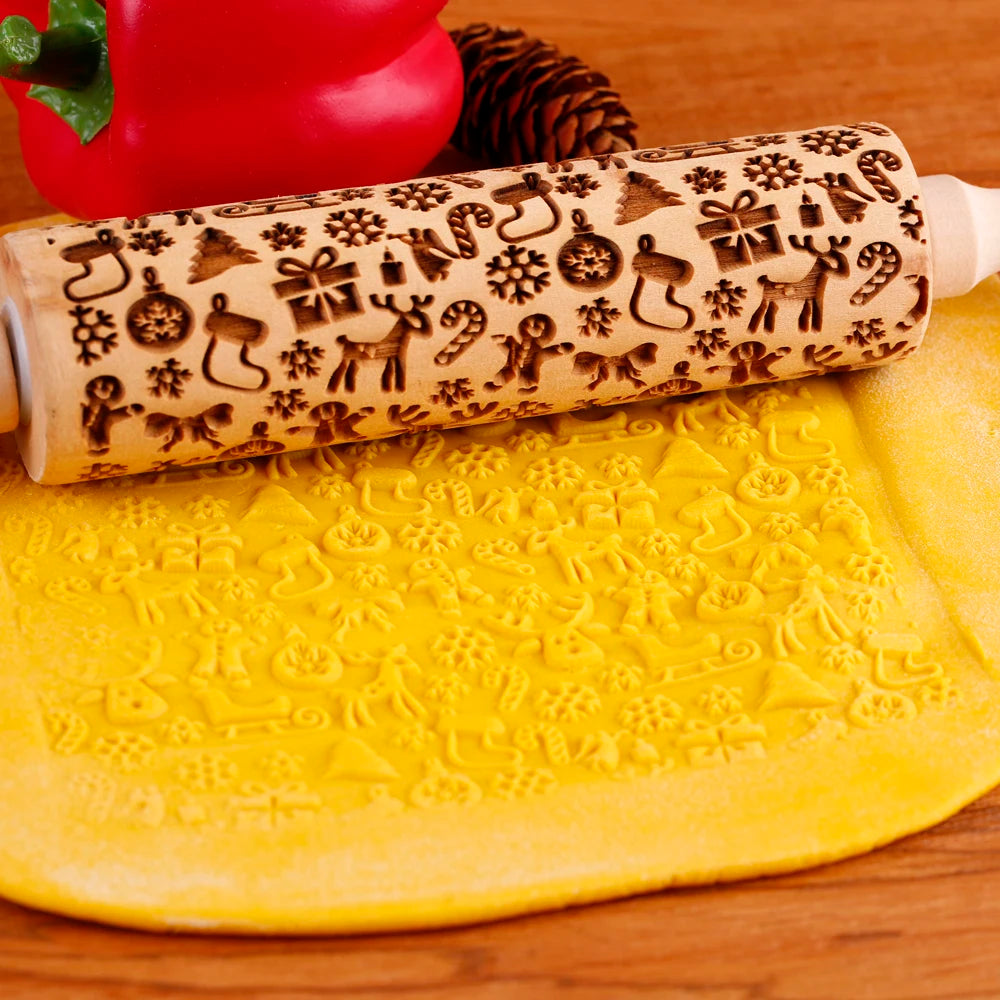 Wooden Christmas Embossed Rolling Pin For Pastry Baking | Yazijico™ 