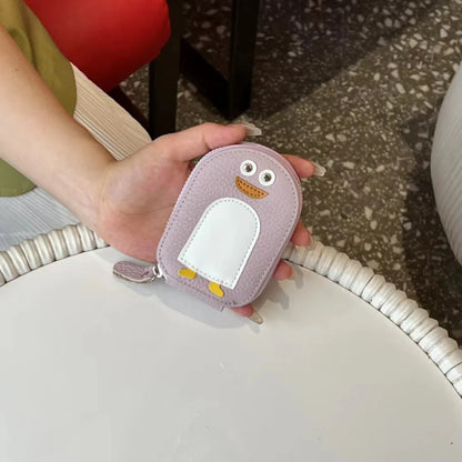 Cowhide Small Penguin Shape Card Holder Coin Purse Cartoon Cute Genuine Cow Leather Zipper Purses Mini Wallet