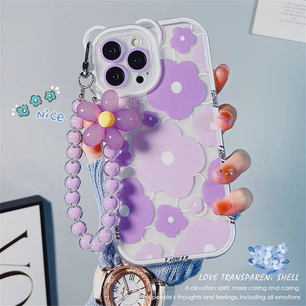 Cover Phone Bear Ear Flower Hang Chain Clear | Yazijico™