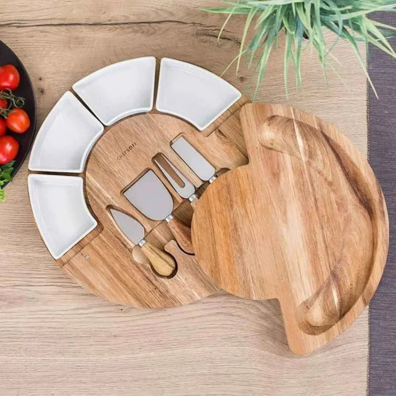 Tray Pastoral Style Pastry Plate Acacia Mangium Fruit Cheese Knife Cutting Board Set