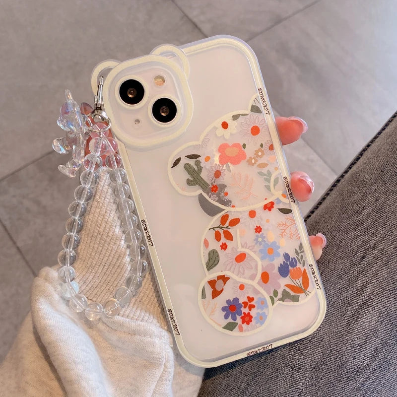 Cover Phone Bear Ear Flower Hang Chain Clear | Yazijico™