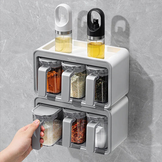 Kitchen Organizer Spice Jars Salt Shaker Boxes with Spoon Wall Mouted Kitchen Accessories