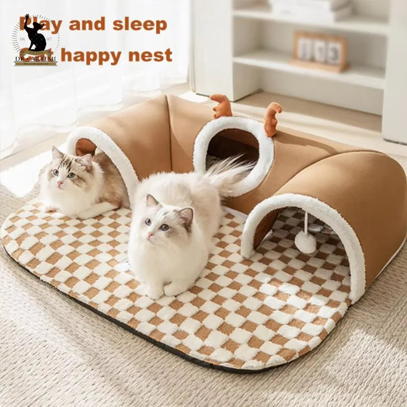 CozyPlaid Tunnel Cat Tunnel with Peekaboo Plush  Yazijico™ 