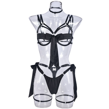 Satin  Dew Leg Ring Strap Sexy Lingerie 4-piece 