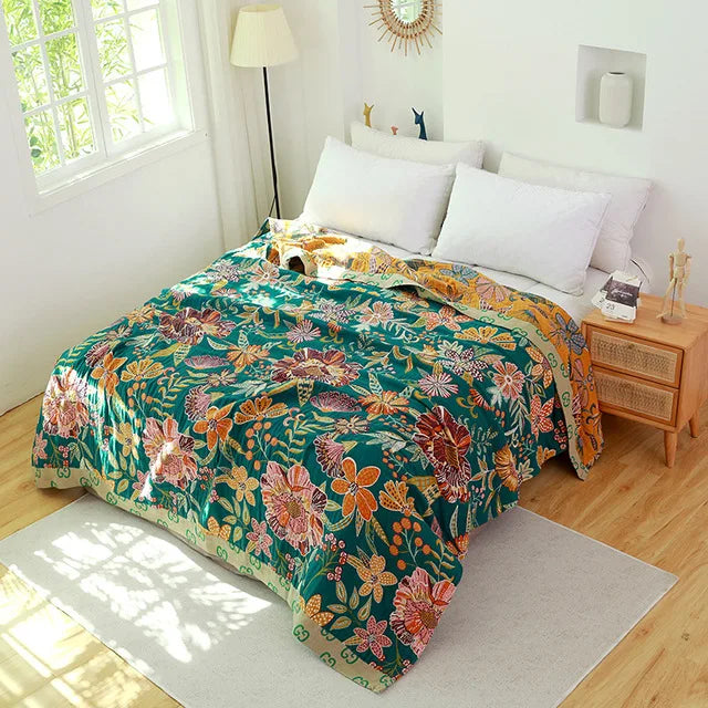 Japanese cotton blankets and throws gauze flowers sofa towel summer  | Yazijico™