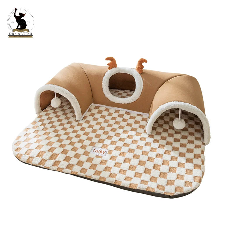 CozyPlaid Tunnel Cat Tunnel with Peekaboo Plush  Yazijico™ 