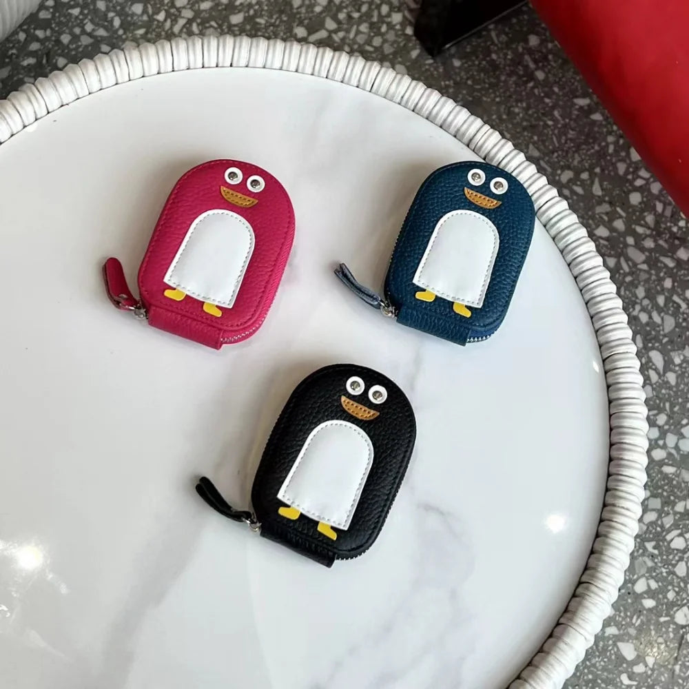 Cowhide Small Penguin Shape Card Holder Coin Purse Cartoon Cute Genuine Cow Leather Zipper Purses Mini Wallet