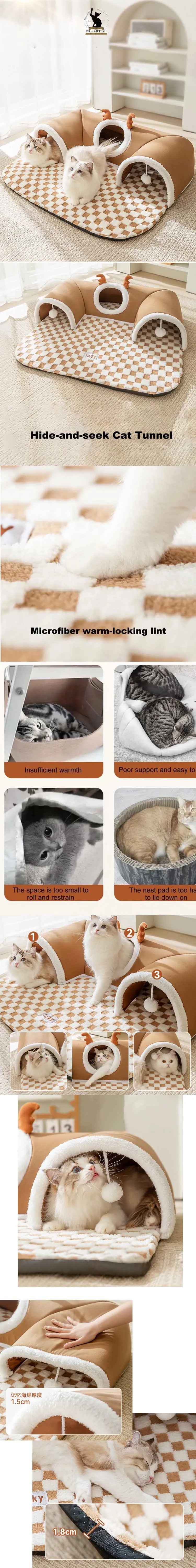 CozyPlaid Tunnel Cat Tunnel with Peekaboo Plush  Yazijico™ 
