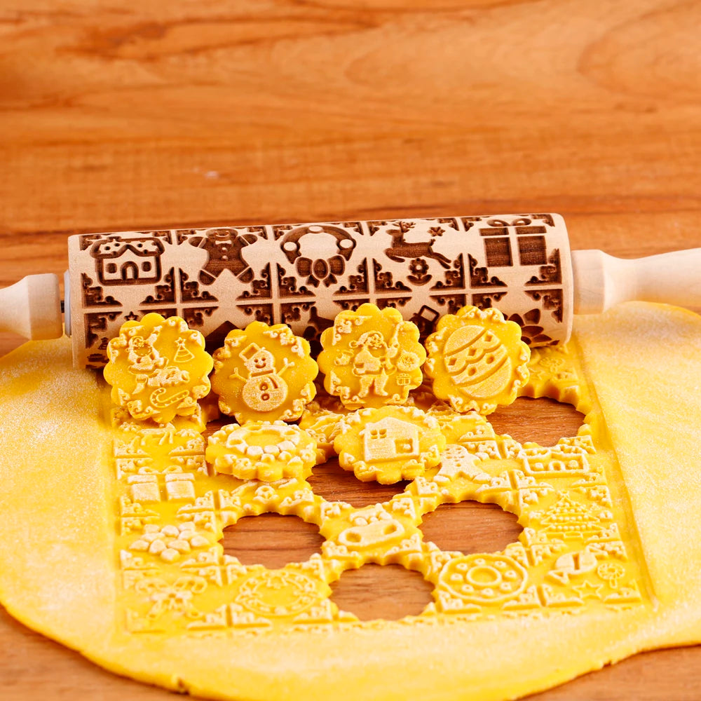Wooden Christmas Embossed Rolling Pin For Pastry Baking | Yazijico™ 