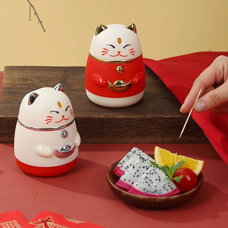 Toothpick Box Lucky Cat Shape Push-type Automatic Pops Up  | Yazijico™ 