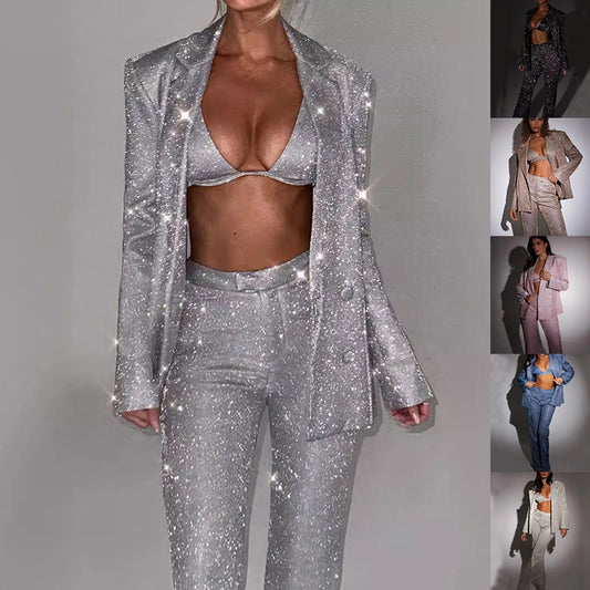 Shiny Suit With Bra Lapel Blazer And Straight-leg 