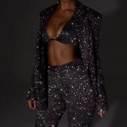 Shiny Suit With Bra Lapel Blazer And Straight-leg 