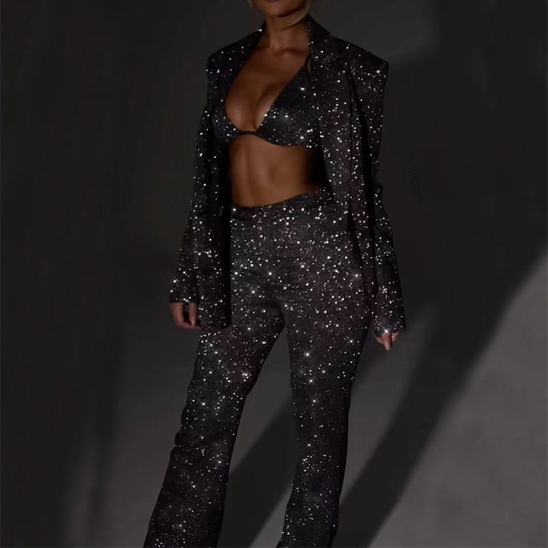 Shiny Suit With Bra Lapel Blazer And Straight-leg 